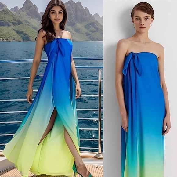 RALPH LAUREN Ombré Dyed Chiffon Strapless Draped Tie Front Column Maxi Gown 8 - Picture 1 of 15